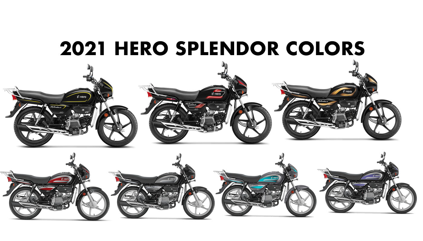 2021 Hero Splendor Colors Black Purple Red Yellow Green Gold 