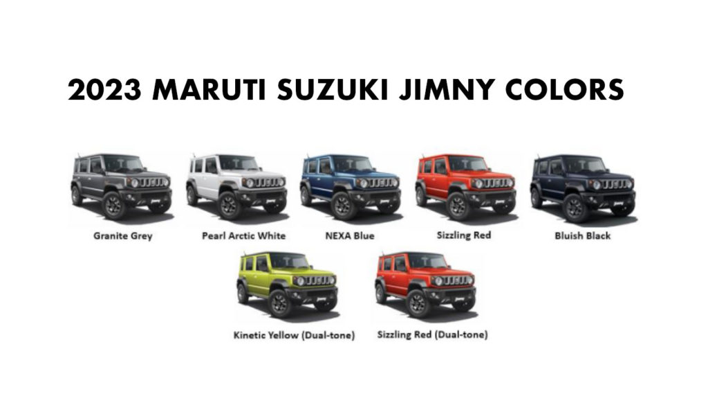 Maruti JIMNY Colors 2023 model.  2023 JIMNY Colors - Maruti Suzuki JIMNY All Color options - New 2023 JIMNY Colors Photos Maruti Suzuki Jimny SUV Colors