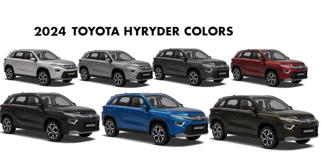 2024 Toyota Hyryder Colors Blue, Red, Black, Grey, Silver, White