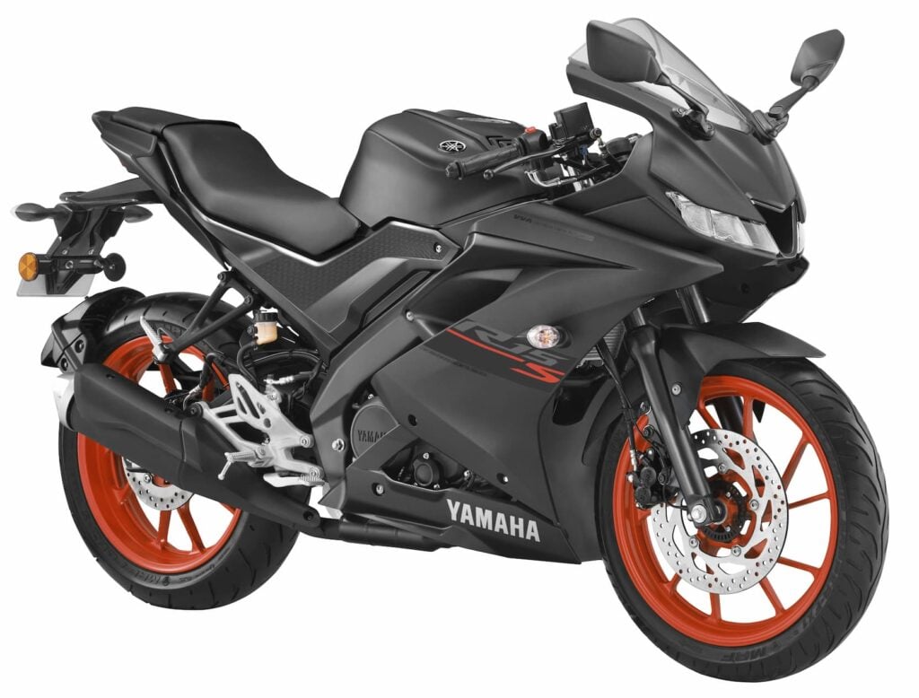 2025 Yamaha R15S Matte Black with vermillion wheels