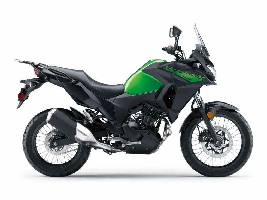 All New Versys X-300 Motorcycle - Left side profile view of the new MY26 Kawasaki Versys-X 300 adventure motorcycle, highlighting its parallel-twin engine and spoke wheels.