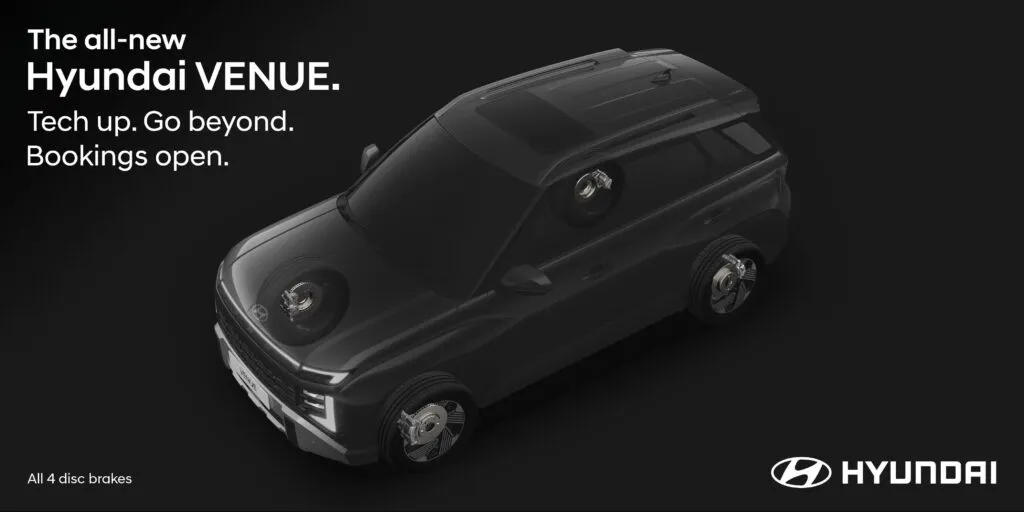 Illustration showing the all-new Hyundai Venue with highlighted disc brakes on all four wheels, emphasizing its advanced braking system