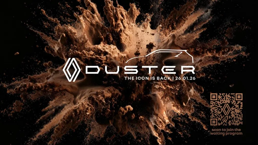 Official teaser image announcing the return of the iconic Renault Duster SUV to India. Shows the Duster logo, tagline 'The Icon Is Back', unveil date 26.01.26 (January 26, 2026), and a QR code to join the waiting program.