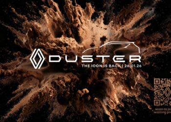 Official teaser image announcing the return of the iconic Renault Duster SUV to India. Shows the Duster logo, tagline 'The Icon Is Back', unveil date 26.01.26 (January 26, 2026), and a QR code to join the waiting program.
