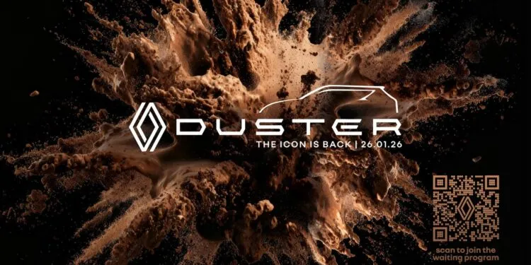 Official teaser image announcing the return of the iconic Renault Duster SUV to India. Shows the Duster logo, tagline 'The Icon Is Back', unveil date 26.01.26 (January 26, 2026), and a QR code to join the waiting program.