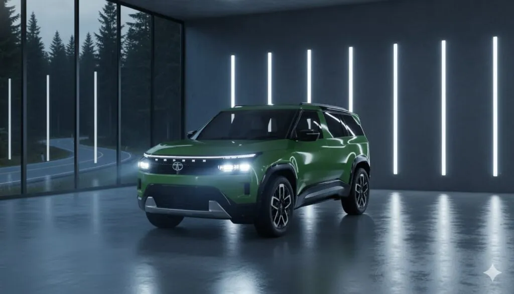 Front three-quarter view of the green Tata Sierra SUV concept, showcasing its modern design with connected DRLs and bold stance.