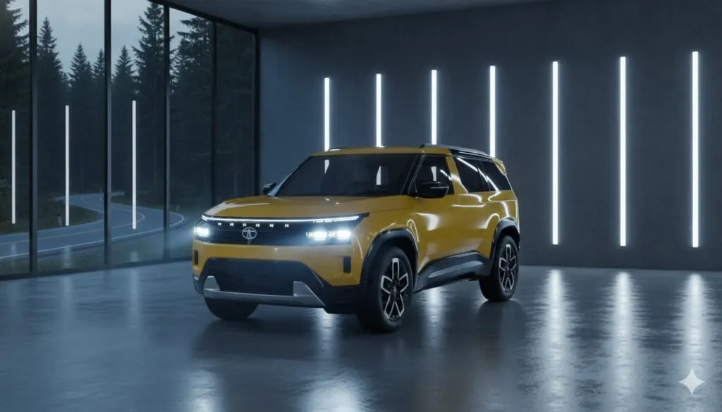 Yellow Tata Sierra SUV concept, emphasizing its boxy wheel arches, modern design, and potential curved rear window signature.