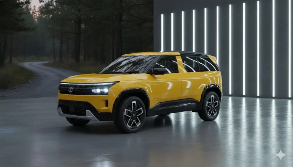 All-new Tata Sierra SUV concept in yellow, highlighting its futuristic front design, connected DRLs, and headlamp setup in a studio setting