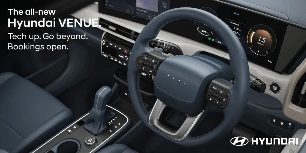 View of the D-Cut steering wheel and digital cluster display in the all-new 2025 Hyundai Venue.