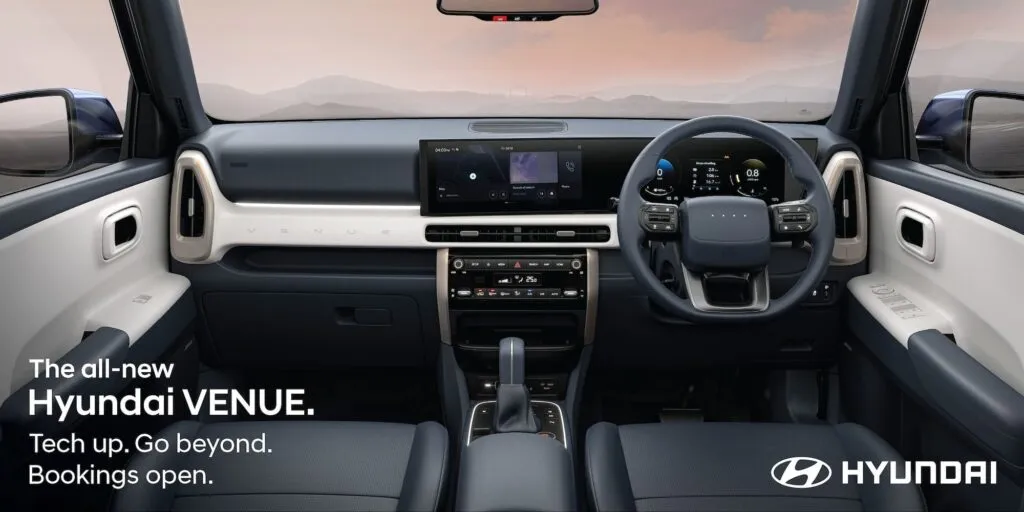 Top-down view of the Coffee Table Centre Console with ambient lighting in the all-new 2025 Hyundai Venue.