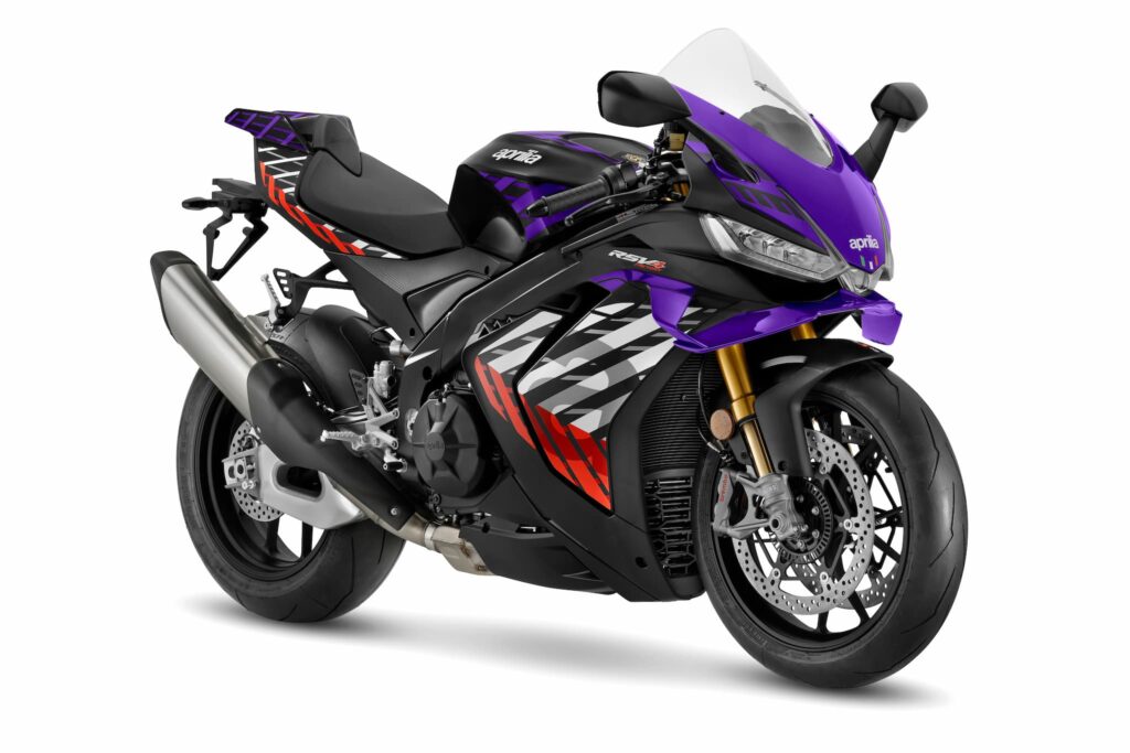 Aprilia RSV4 Factory superbike with new 2026 graphics featuring purple, black, and white aerodynamic flow-inspired motifs.