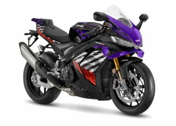 Aprilia RSV4 Factory superbike with new 2026 graphics featuring purple, black, and white aerodynamic flow-inspired motifs.
