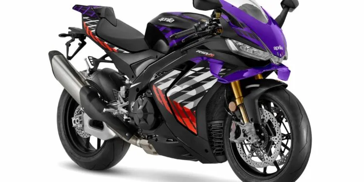 Aprilia RSV4 Factory superbike with new 2026 graphics featuring purple, black, and white aerodynamic flow-inspired motifs.