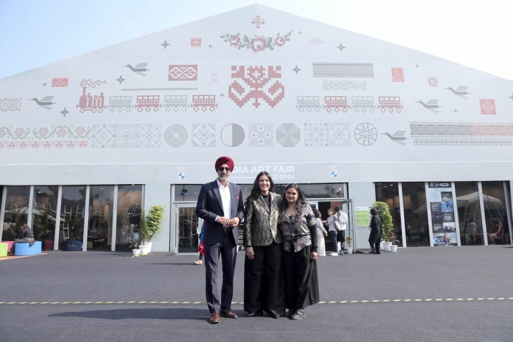(L-R) Hardeep Singh Brar, President and CEO, BMW Group India, Jaya Asokan, Fair Director, India Art Fair and Afrah Shafiq, Winner of The Future is Born of Art Commission