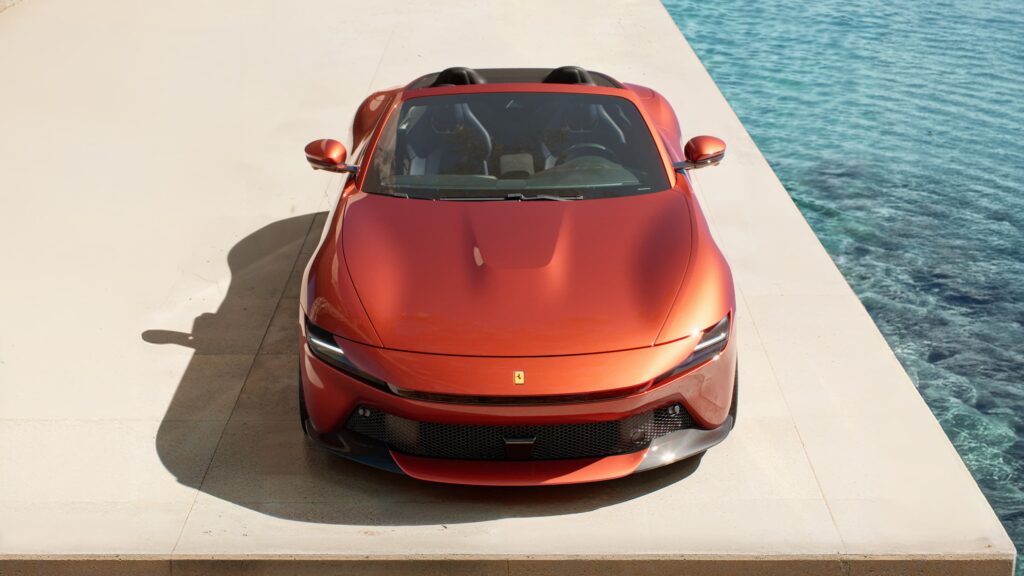Ferrari Amalfi Spider Rosso Tramonto (Sunset Red) Front Top View of the Super Car 2026 Model
