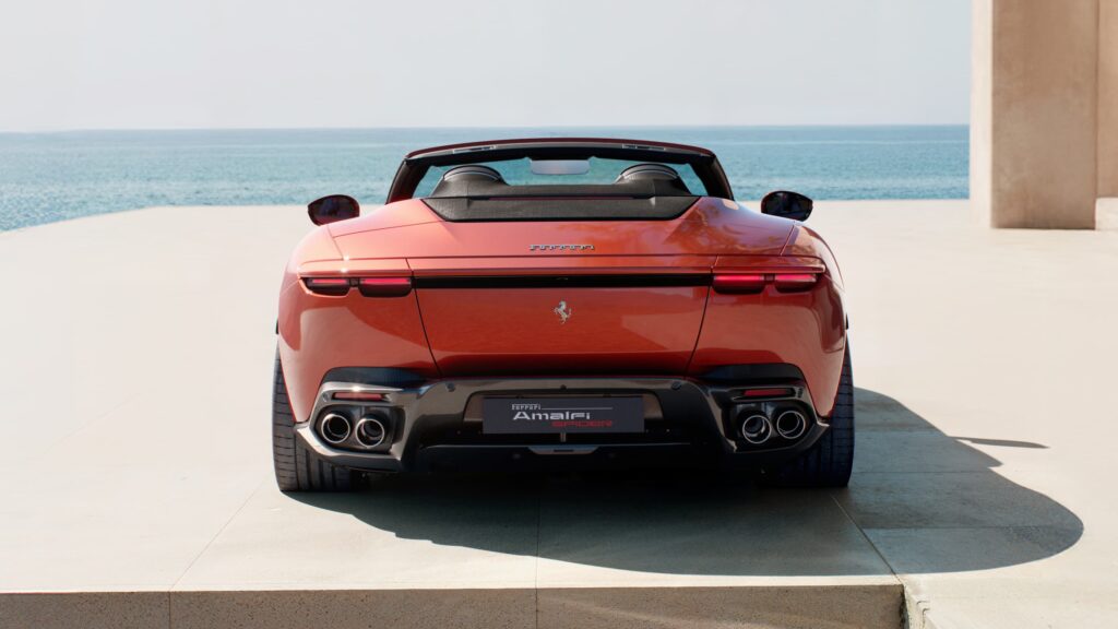 Ferrari Amalfi Spider Rosso Tramonto (Sunset Red)  Ferrari Logo On Ferrari Bumper Rear View Exhaust 2026