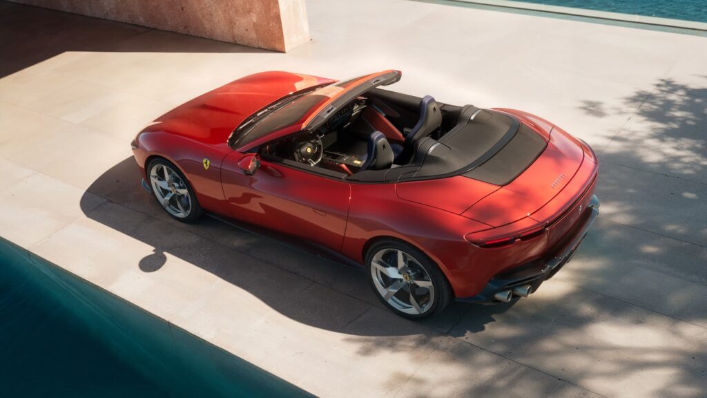 Ferrari Amalfi Spider Rosso Tramonto (Sunset Red) Convertible Red Color interior Sky Roof