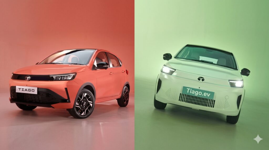 Side-by-side comparison of the red petrol Tata Tiago and the mint green Tiago.ev with its closed-off front grille