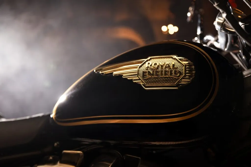Royal Enfield Logo on Royal Enfield Bullet 650 Motorcycle... New Bullet 650 Golden Logo of Royal Enfield Emblem